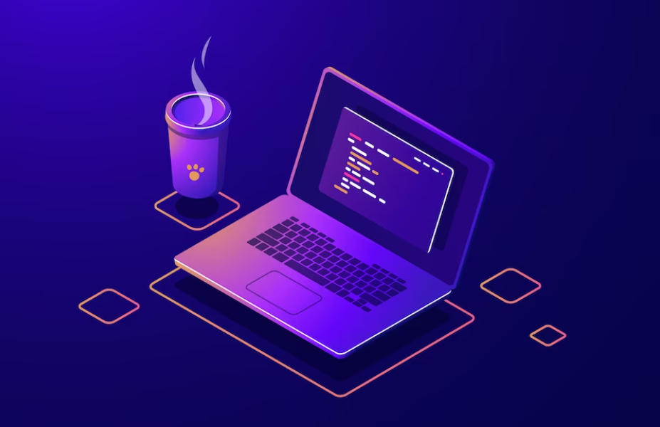 Isometric laptop with code on screen beside a steaming coffee cup on a neon-lit background