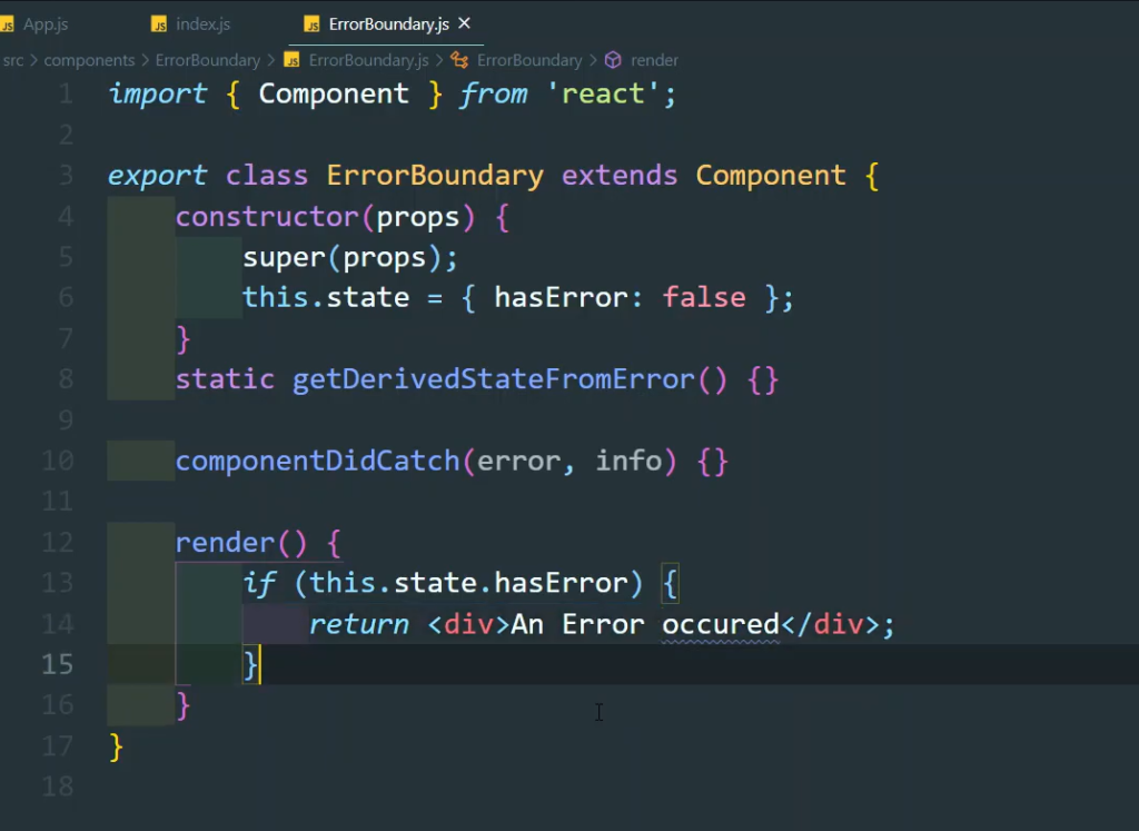 JavaScript code displaying "ErrorBoundary" in React, highlighting error handling