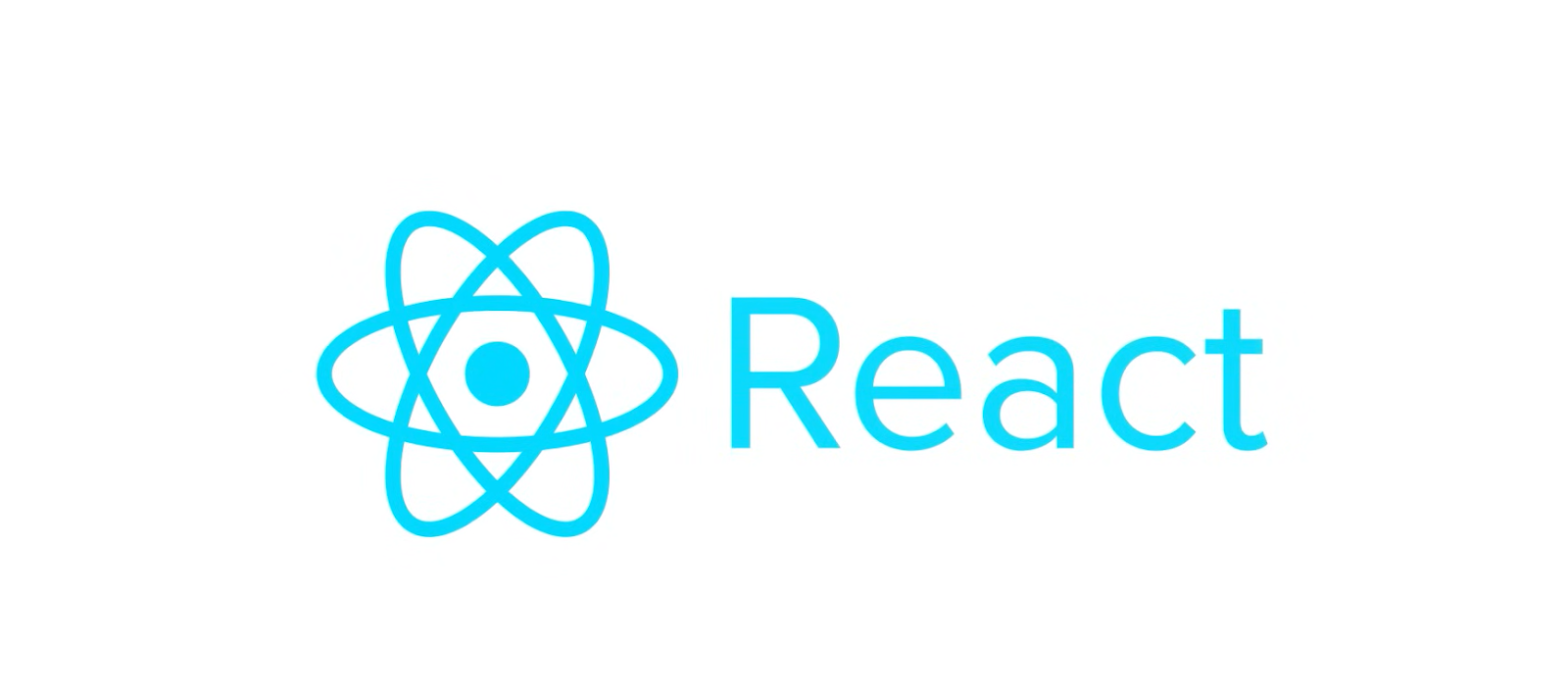 The logo for React, featuring a blue atomic symbol next to the word 'React' in light blue text