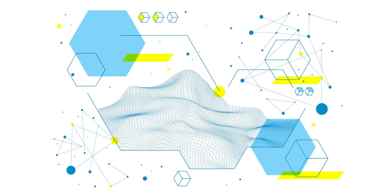 blue geometric shapes, connecting lines, and wavy mesh patterns on a white background