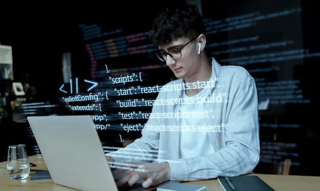 Programming background with man working with codes on computer