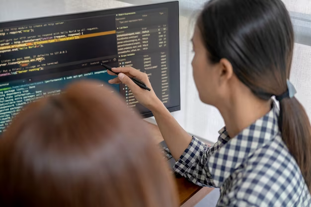 Programmer pointing at computer screen with code